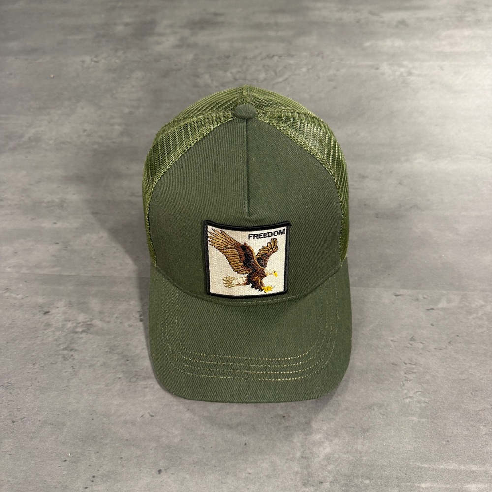 Eagle Freedom Trucker Hat Mens OSFA Olive Green Mesh Snapback Baseball Cap